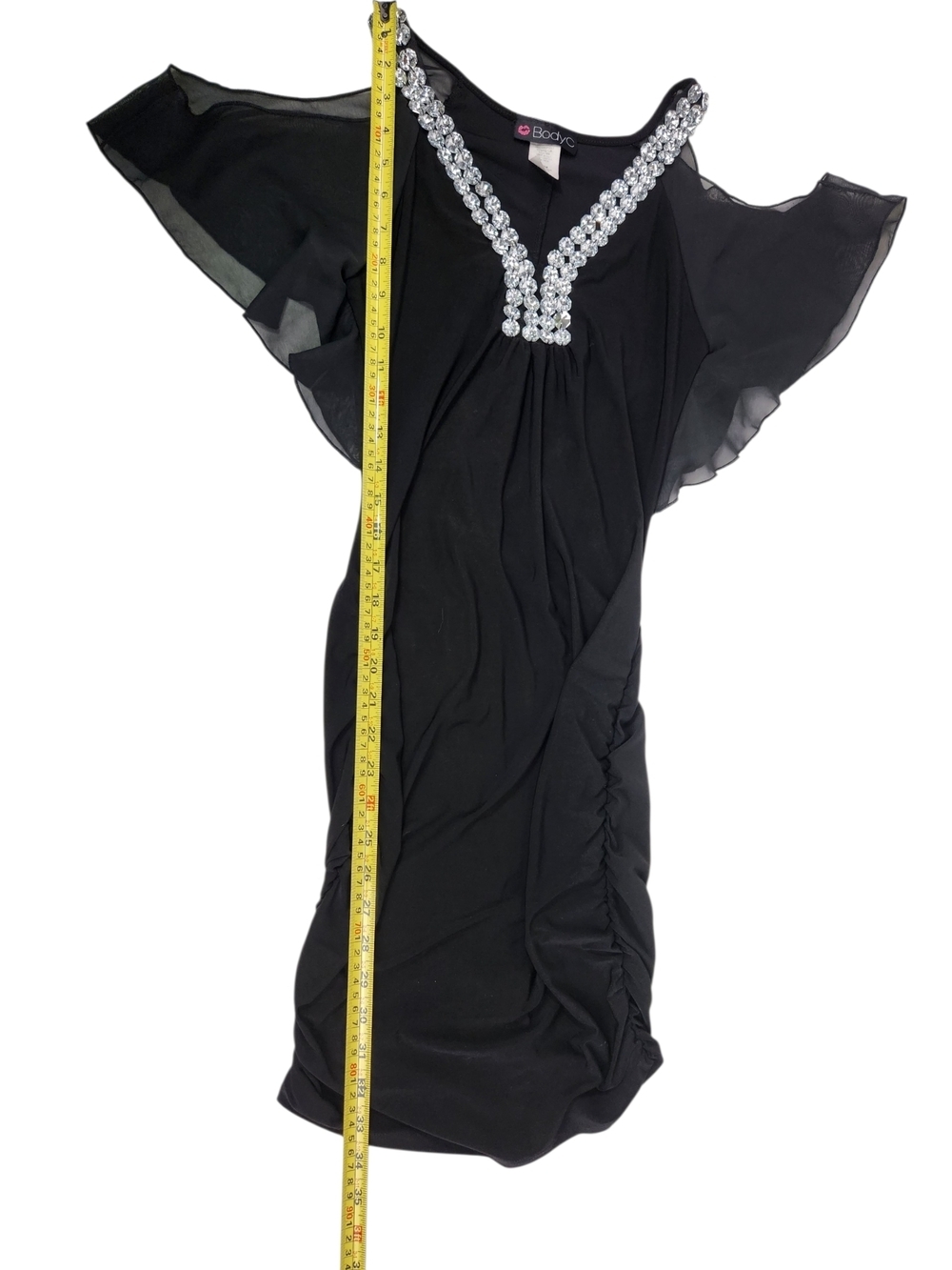 Body Central Black Rhinestone V-Neck Dress Cold Shoulder Bodycon Party Small Y2K - Picture 11 of 11